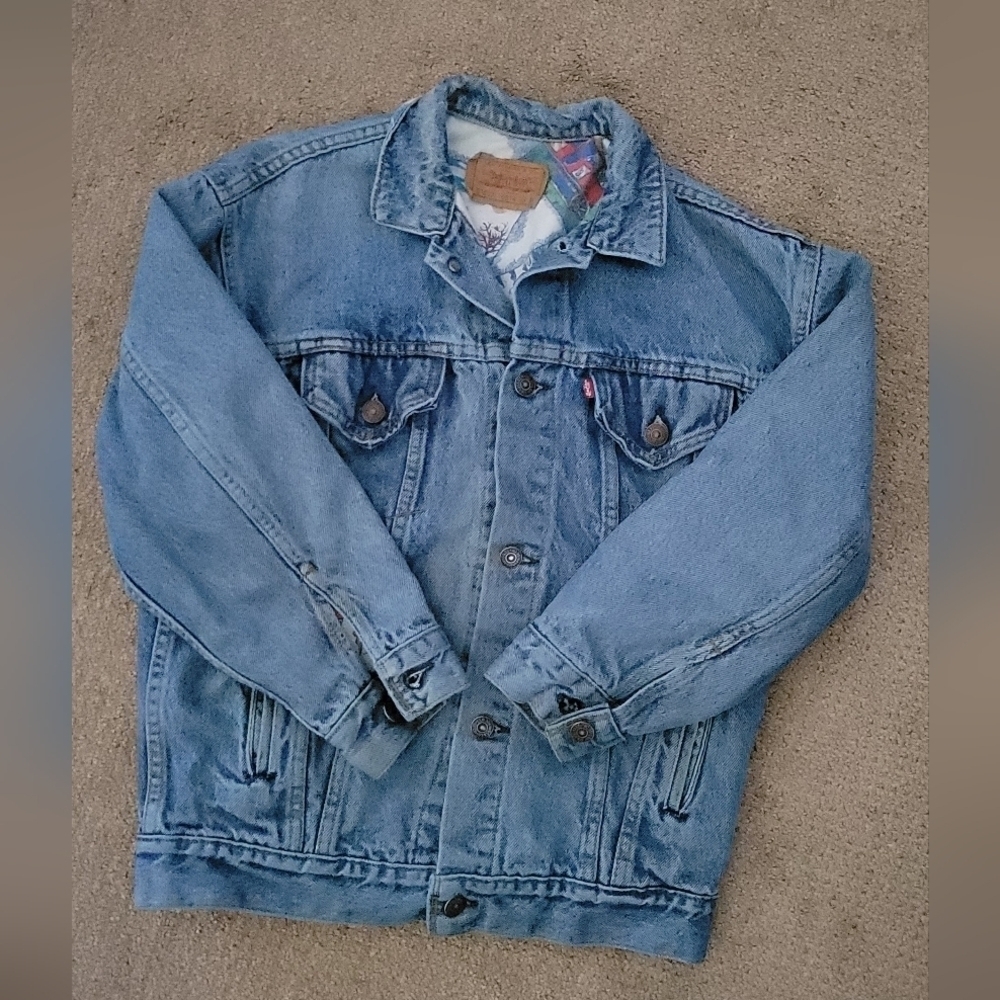 Vintage Unisex Levi's Blue Denim Trucker Jacket Cowboy Print Longing Rare Item - Picture 3 of 9